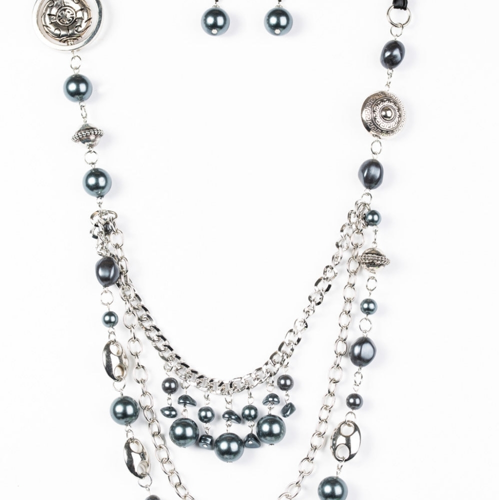 long black pearl multi strand necklace with black ribbon